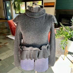 GANNI phantom gray open back ruffle wool blend sweater in XS.